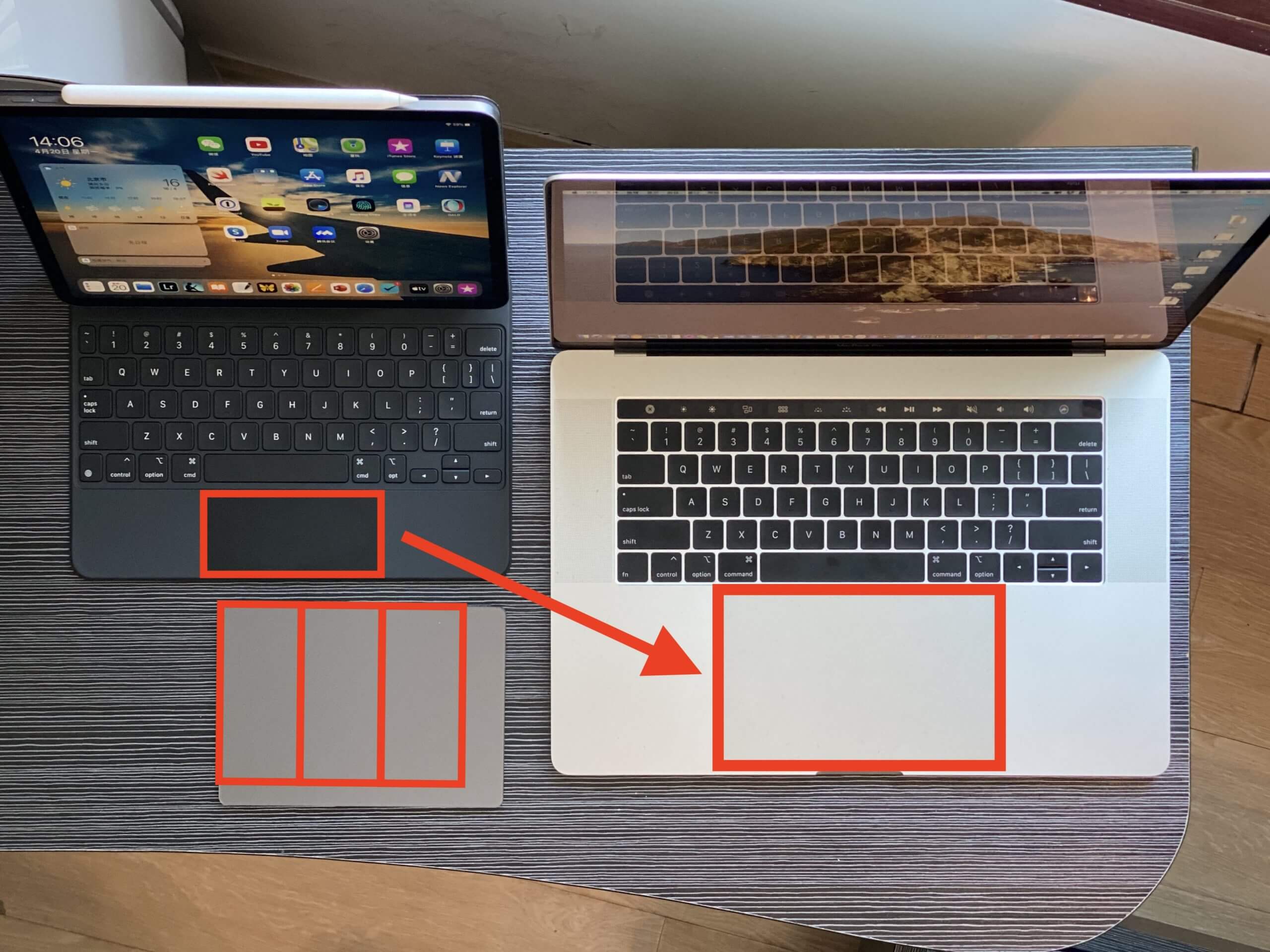 与 2018 15-inch MacBook Pro 对比（标注后可以清晰看出，iPad 版本大致小四倍）