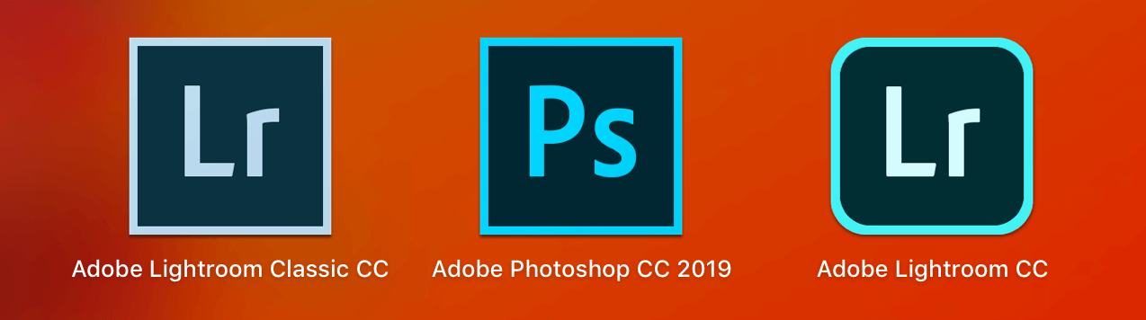 Lightroom Classic CC, Lightroom CC, Photoshop CC software icons