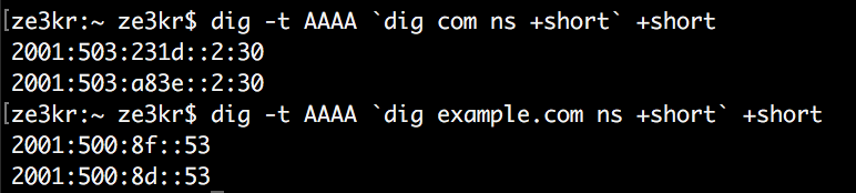 The root domain name com and the first-level domain name example.com are both correctly configured with IPv6-enabled DNS servers